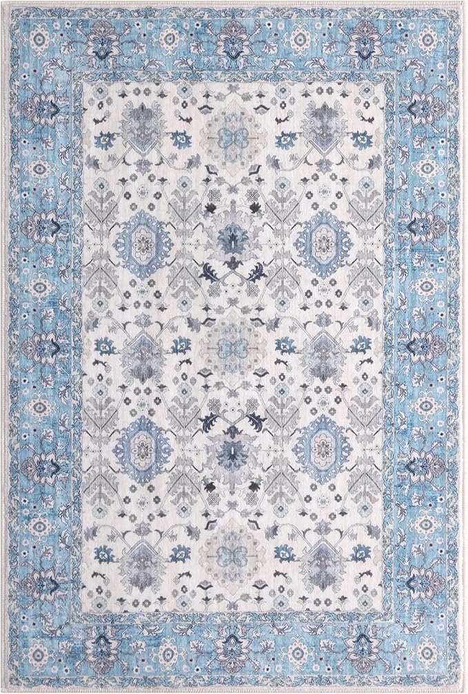 Vanmoos 4x6 Area Rug - Machine Washable, Non-Slip Soft Carpet for Living Room, Bedroom, Office, Dining Room - Durable Accent Rug for Farmhouse & High-Traffic Areas, Cozy Elegance/Blue