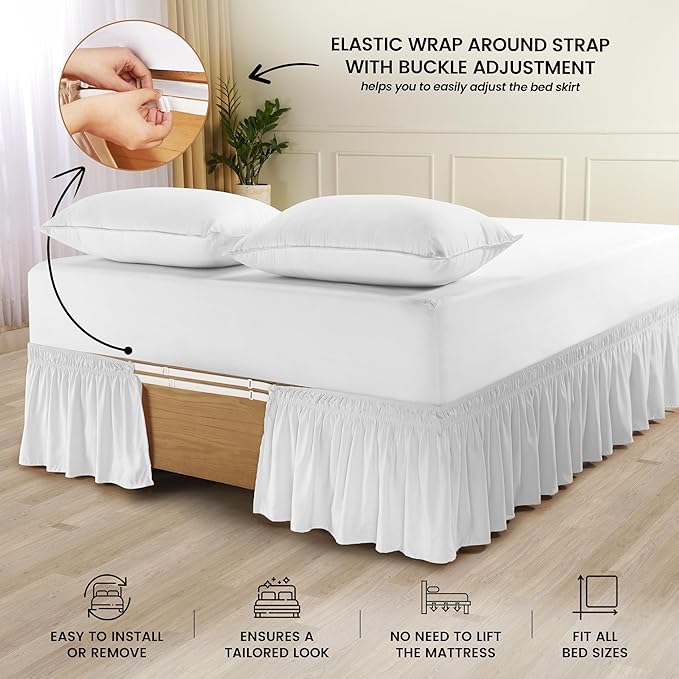 Utopia Bedding King Elastic Bed Ruffle - Easy Wrap Around Ruffle - Microfiber Bed Skirt with Adjustable Elastic Belt 16 Inch Tailored Drop - Hotel Quality Bedskirt, Fade Resistant (King, White)