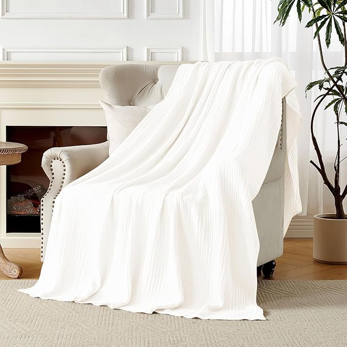 Joydeco 100% Cotton Muslin Throw Blanket for Couch Bed and Sofa, 4-Layer Lightweight and Breathable Soft Gauze Blanket for All Season, Luxury Throws Cotton Blanket Gift(White, 50"x70")