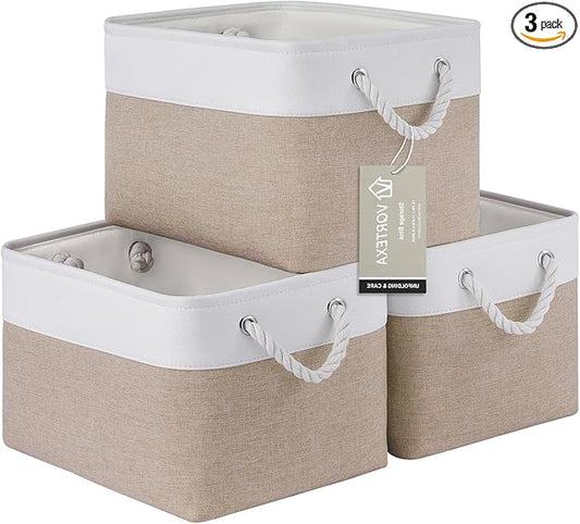 Large Storage Baskets- 15x11x10 inch Storage Bins for Shelves and Closet Organizing, Foldable Fabric Bin for Home Organization Clothes and Laundry (3-Pack, White&Khaki)