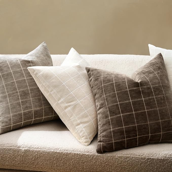 MIULEE Decorative Chenille Check Throw Pillow Covers Vintage Plaid Couch Pillows 16x16 Inch Set of 2 Neutral Boho Farmhouse Cushion Covers Modern Spring Home Decor for Sofa Bed Living Room Beige
