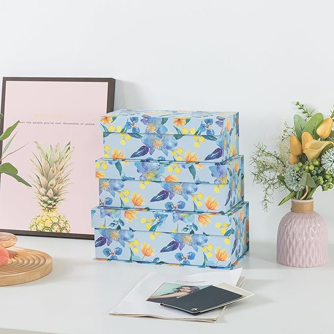 Soul & Lane Blue and Yellow Decorative Storage Boxes with Lids - Set of 3 - Sunlit Garden Delight: Floral Memory Keepsake Boxes with Magnetic Closure, Cardboard Storage for Photos, Organizing, Gifts
