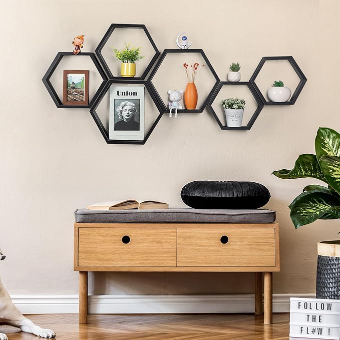 YBING Hexagon Floating Shelves Black Hexagonal Shelves Set of 6 Wood Honeycomb Shelves for Farmhouse MDF Hexagon Wall Decor Storage Shelves for Bedroom Office Living Room