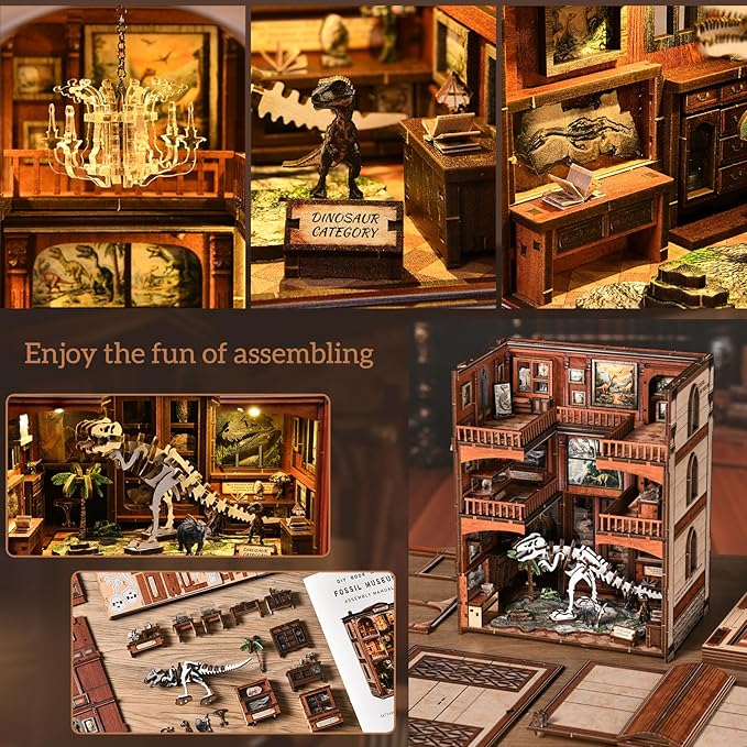 Book Nook Kit, DIY Miniature House Kit Dinosaur Fossil Exhibition Museum with LED Light, 3D Wooden Puzzle Handmade Craft Gift for Adults and Teens - Fossil Museum
