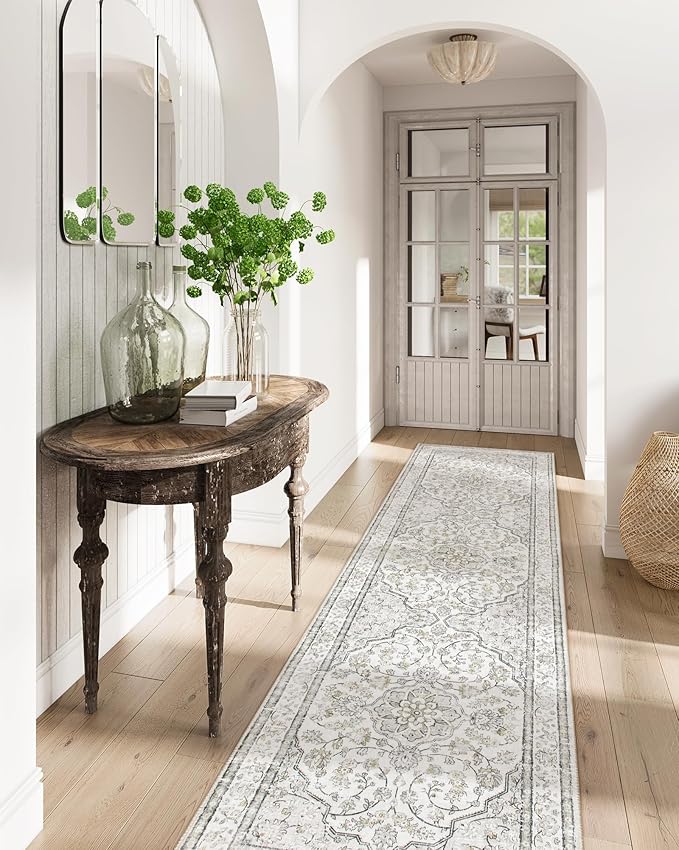 Lahome Oriental Washable Runner Rug,2.5x8 Runner Rug for Entryway Indoor Non-Slip,Kitchen Runner Rugs Non Skid Washable,Traditional Thin Wide Carpet Runner for Laundry Hallway Bathroom,(8ft,Beige)