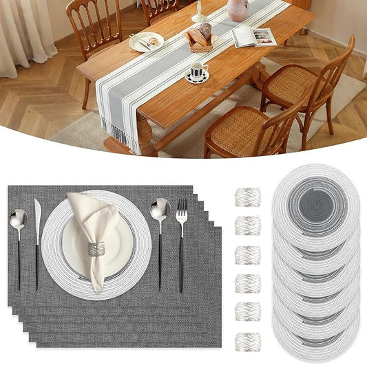 SK Studio 19Pcs Boho Table Runner Placemat and Napkin Ring Set Rectangle and Round Meal Mats Macrame Table Runner with Tassels for Wedding Kitchen Dining, Grey