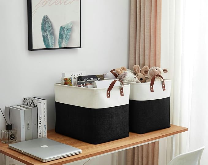 DECOMOMO Large Fabric Storage Baskets - Linen Closet Storage Bins with Handles for Laundry, Clothes, Home, Office (Black & White, XXL - 3 Pack)