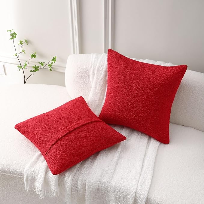 FUTEI Valentine's Day Pack of 2 Red Decorative Throw Pillow Covers 22x22 Inch Soft Cozy Solid Boucle Textured Cushion Case,Modern Home Decor for Couch Bed Living Room