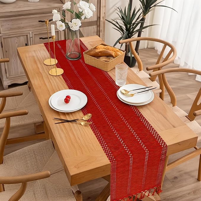 Niviy Christmas Table Runner for Red Tassel Home Decor 72 Inches Long, Winter Xmas Holiday Rustic Macrame Cotton Linen Woven Coffee Table Runners for Christmas Decorations Dining Table, Red