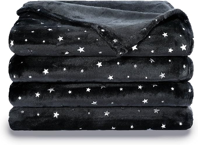 NANPIPER Fleece Blankets Warm Fuzzy Queen Size Blanket,Super Soft Star Foil Print,90"x 90" Black