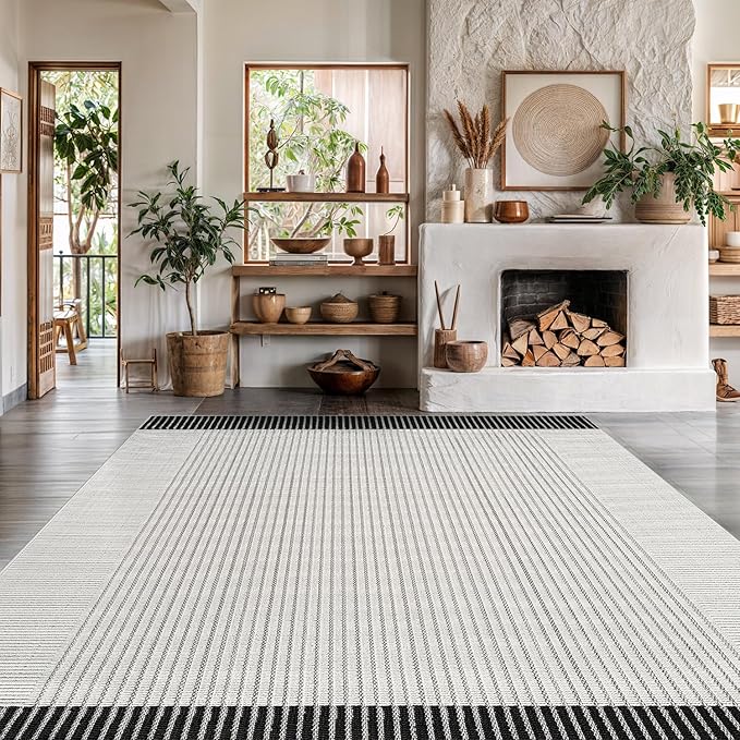 Luul Home Modern Micro Loop Indoor Area Rugs for Living Room Bedroom Kitchen Geometric Striped Black-White 5x7 Luxury Durable Low and High Pile Non-Shedding Stain Resistant Soft Area Carpet 5 x 7