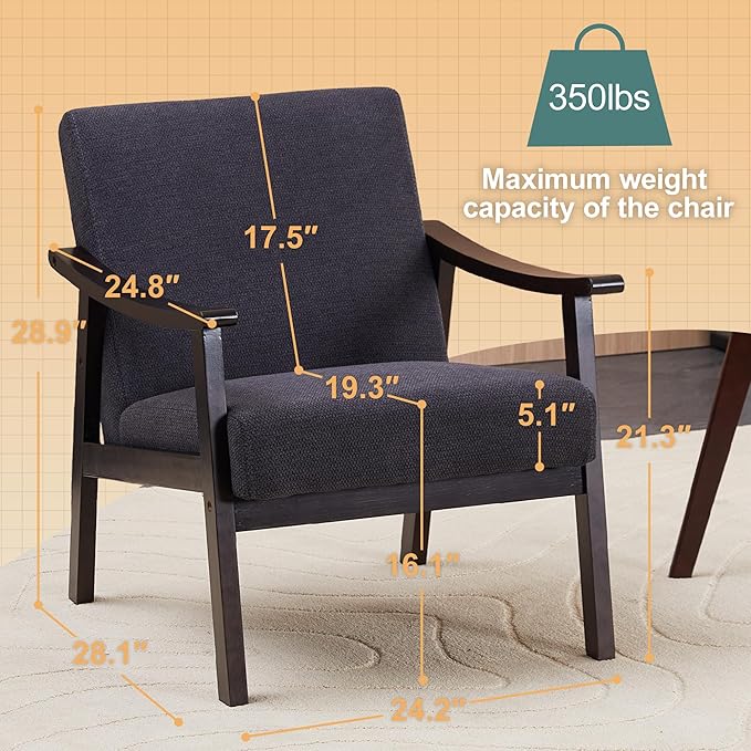 Hjaustevy Corduroy Accent Chair, Mid Century Modern Armchair, Living Room Chairs with High Back Upholstered, Lounge Chair with Solid Wood Frame & Soft Cushion for Bedroom, Reading Room, Black