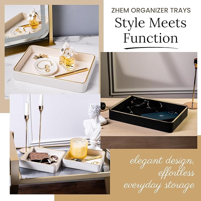 ZHEM Small Night Stand Organizer Nightstand Tray Bedside Table Organizer Women| Dresser Trays for Bedroom Leather Valet Trinket Tray Catch All| Purse Bowl for Women| Desk Trays (White)