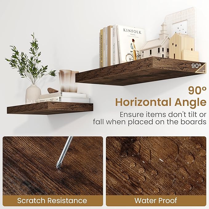 24"W x 9.3"D Floating Shelves for Wall, Wall Mounted Bathroom Shelves 2 Pack Deep Floating Shelf for Bedroom Kitchen Living Room, Rustic Wooden Wall Shelf with Invisible Bracket for Books Decor