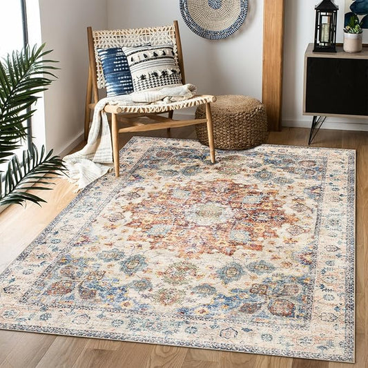 Domitapis Area Rug 3×5, Vintage Boho Rug,Ultra-Soft Low Pile, Washable, Non Slip,Stain Resistant Printed Carpet for Living Room Bedrooms Playroom Office Kitchen, Blue/Red