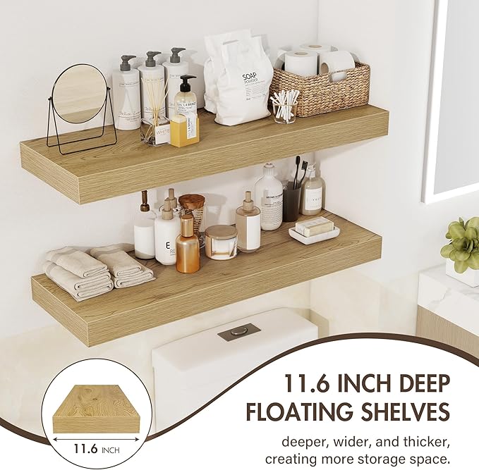 40 Inch Floating Shelves, 12" Deep Floating Shelf Wall Mounted, 40" Wall Shelves, Rustic Deep Bookshelf, Extra Deeper & Thicker Display Shelves for Bedroom, Living Room, Oak, Set of 2
