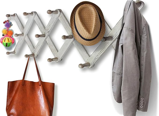 Expandable Wooden Coat Rack Hanger – Accordion Wall Mounted Pine Wood Hooks – Hand Made Vintage Expending Pegs – Hang Coat, Jacket, Hat, Leash, Towel, Mug, Bag – Distressed White