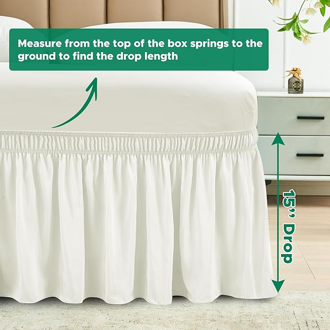 Biscaynebay Wrap Around Bed Skirts for Queen Beds 15" Drop, Ivory Adjustable Elastic Dust Ruffles Easy Fit Wrinkle & Fade Resistant Silky Luxurious Fabric Machine Washable