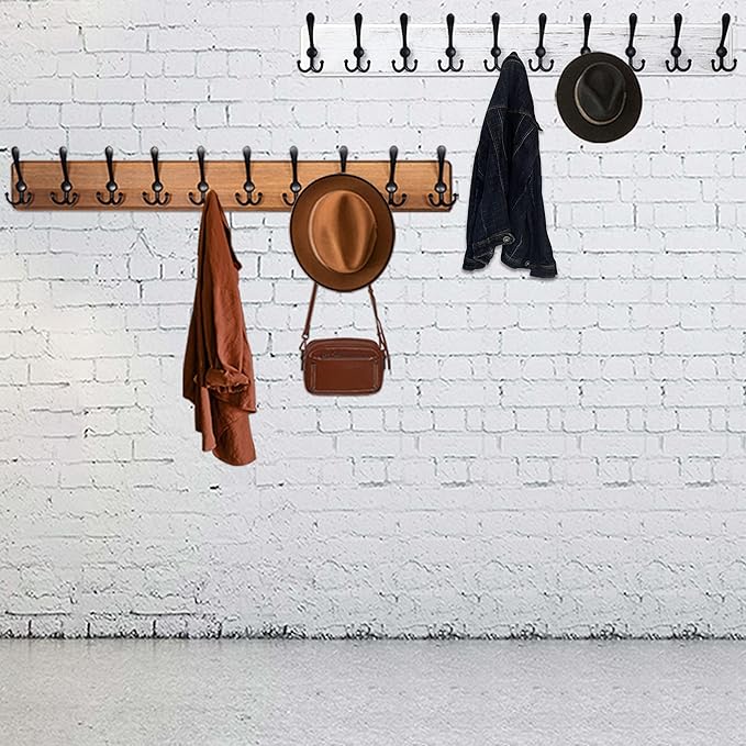 WEBI Coat Rack Wall Mount,Wood Coat Hooks Wall Mounted Coat Hanger,16" Hole to Hole,Wall Hook Rack Rail,5 Triple Hooks for Hanging Coats,Clothes,Jacket,Hats,Entryway,Black/White,2 Packs