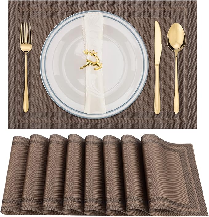 Winknowl Placemats Set of 8，Heat Resistant Woven Vinyl Washable PVC Place Mats，Non-Slip Stain Resistant Indoor/Outdoor Table Mats for Dining Table (Brown)