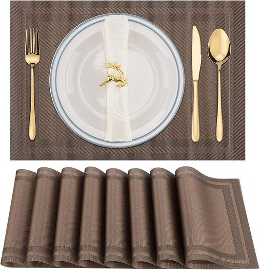 Winknowl Placemats Set of 8，Heat Resistant Woven Vinyl Washable PVC Place Mats，Non-Slip Stain Resistant Indoor/Outdoor Table Mats for Dining Table (Brown)