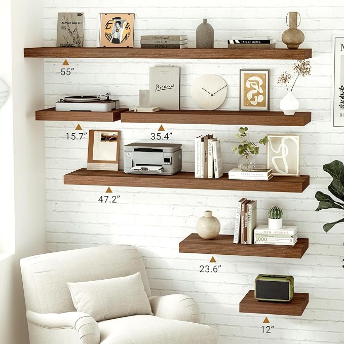 Vivelove Rustic Floating Shelves for Wall 12 Inch Deep, 15.7" X 12" X 1.5" Floating Shelf, 2 Inch Thick Shelf for Living Room Bathroom Bedroom Kitchen Office, Rustic Farmhouse Decor Set of 2, Walnut