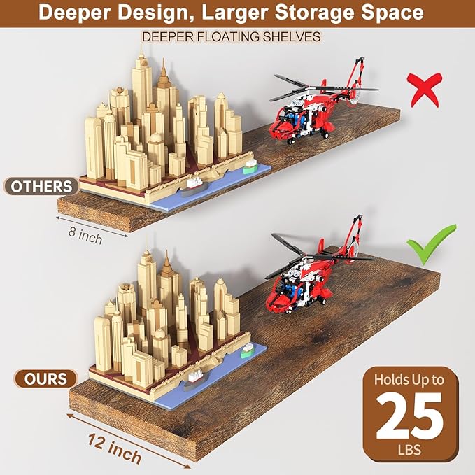 12 Inch Deep Floating Shelves for Wall 2 Pack Floating Shelfs Large Storage Space Wall Decor Display Shelf for Bathroom Living Room Bedroom Kitchen 23.8" W x 12" D x 1.2" H Rustic Brown