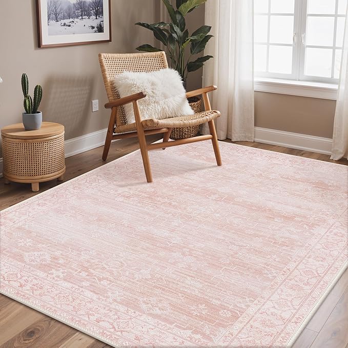 GENIMO 5x7 Area Rugs for Living Room,Machine Washable Non-Slip Vintage Rug, Low Pile Lightweight Carpet for Bedroom, Dining Room, Home Office, Stain & Fade Resistant,Pink