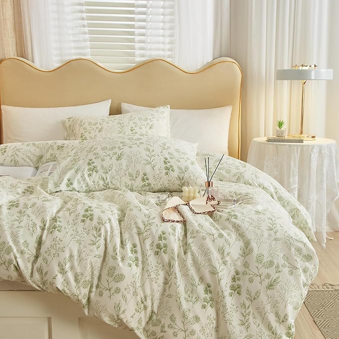 Vintage Boho Floral Duvet Cover Twin White Green Floral Print Bedding Set Cotton Botanical Floral Comforter Cover Garden Flowers Aesthetic Bedding Cover Boho Style Twin Duvet Cover with Zipper Closure