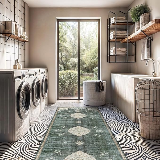Beverly Rug Non Slip Rugs 2x7 Boho Medallion Floral Non Skid Rubber Backing Easy Silk Soft Runner Rug for Living Room Easy to Clean Non Shedding Kitchen Bedroom Indoor Carpet (2 x 7 Green - Cream)