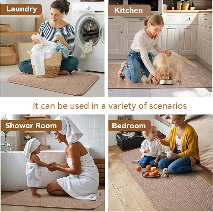 Long Kitchen Runner Rugs Sets of 2 PCS Non Slip Washable, Linen-Like 0.3" Thick Cushioned Absorbent Kitchen Mats for Floor, Mild Anti-Fatigue Sink Laundry Standing Mat, Brown 17"x30"+17"x71"