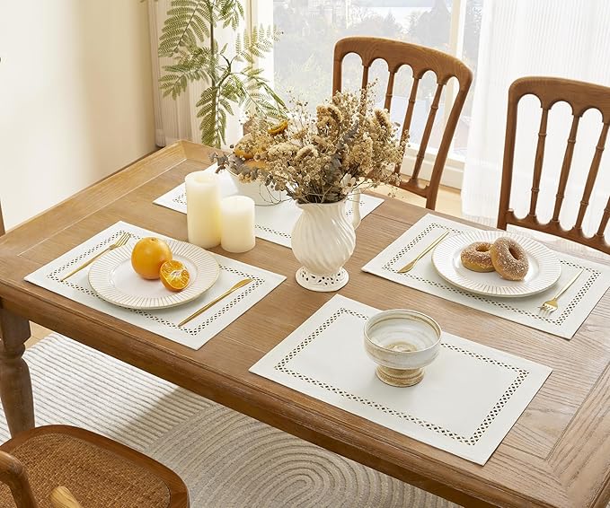 Burlap Placemats Set of 6, 12 x 18 Inch Rustic Geometric Hollow Place Mats, Heat Resistant Placemats for Farmhouse Kitchen Table Decor, Off White 6PCS