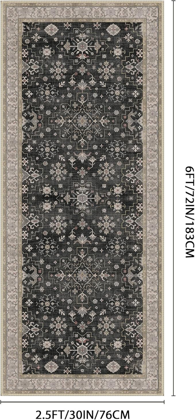 GENIMO 2'6‘’x6 Runner Rug,Machine Washable Non-Slip Vintage Rugs,Low Pile Lightweight Carpet for Bedroom,Hallway,Entryway,Kitchen,Bathroom,Black