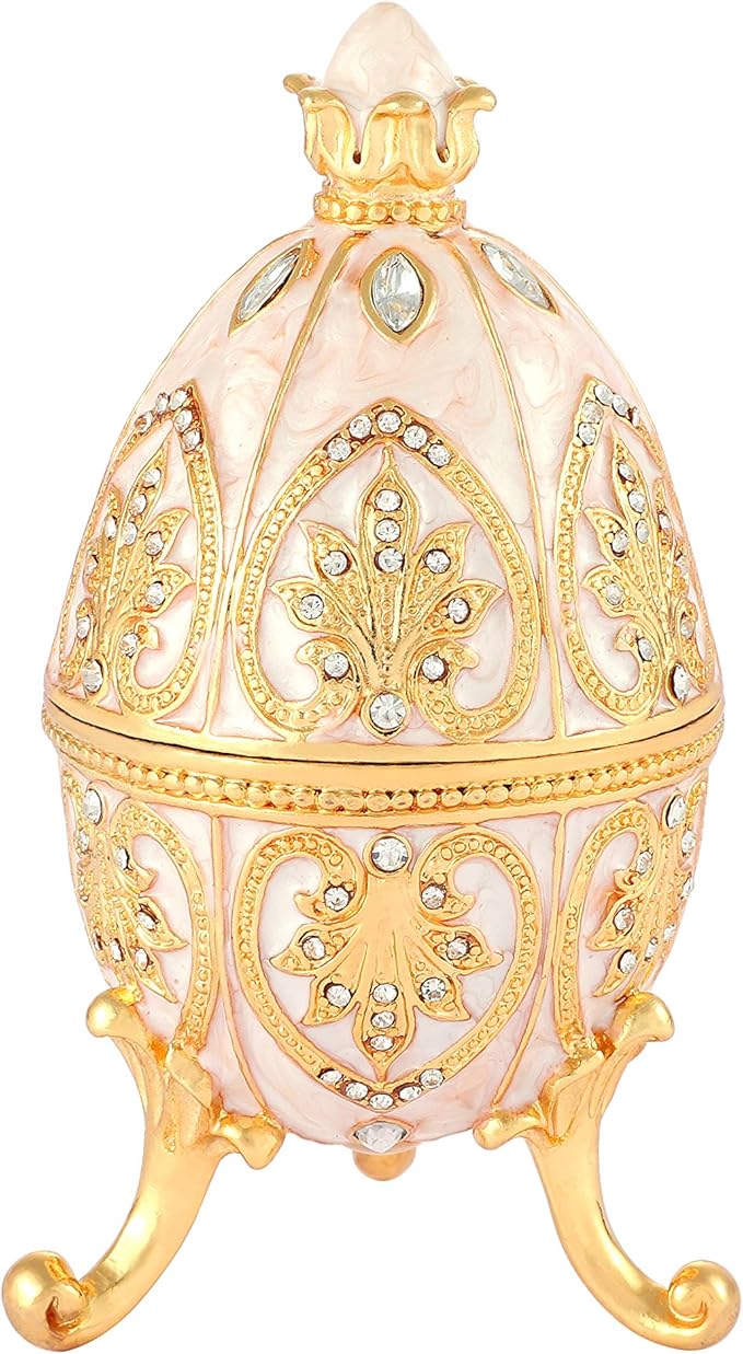 Trinket Box with Hinged White Easter Egg Enameled Jewelry Box Classic Ornaments Metal Craft Gift for Home Decor