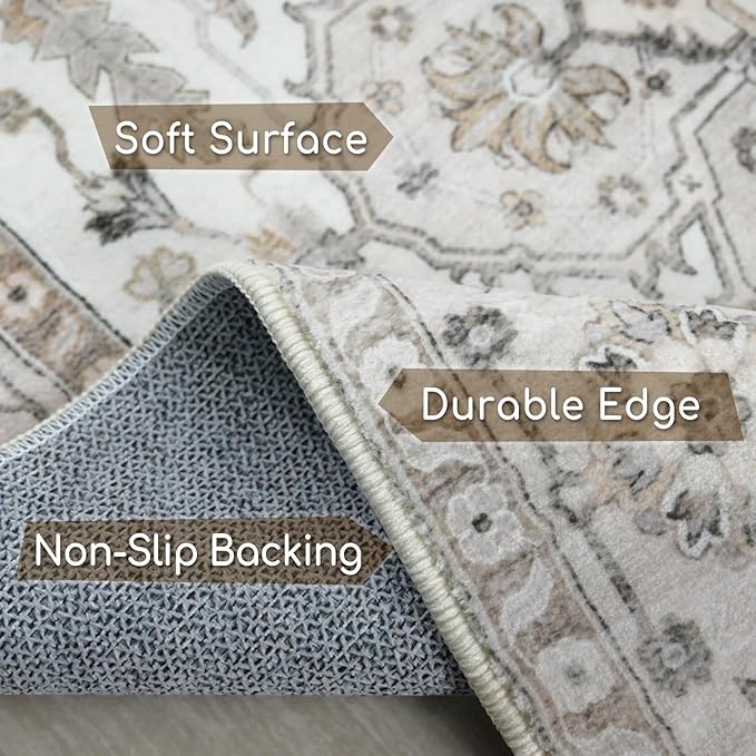 Fortsea Area Rug 5x7, Machine Washable Rugs for Bedroom, Large Non Slip Persian Rug for Bedroom Living Room Kitchen Entryway Bathroom Office Carpet Brown…