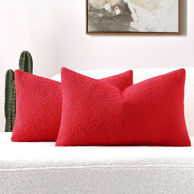 FUTEI Valentine's Day Pack of 2 Red Decorative Throw Pillow Covers 12x20 Inch Soft Cozy Solid Boucle Textured Lumbar Pillow Cases,Modern Home Decor for Couch Bed Living Room