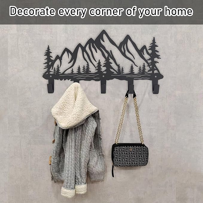 Metal Mountain Coat Hooks Wall Art Decor-Mountain Hangers and Key Holder-Clothes Hat Rack and Backpack Hanger Decor for Storage, Living Room, Hallway, Office (Black)