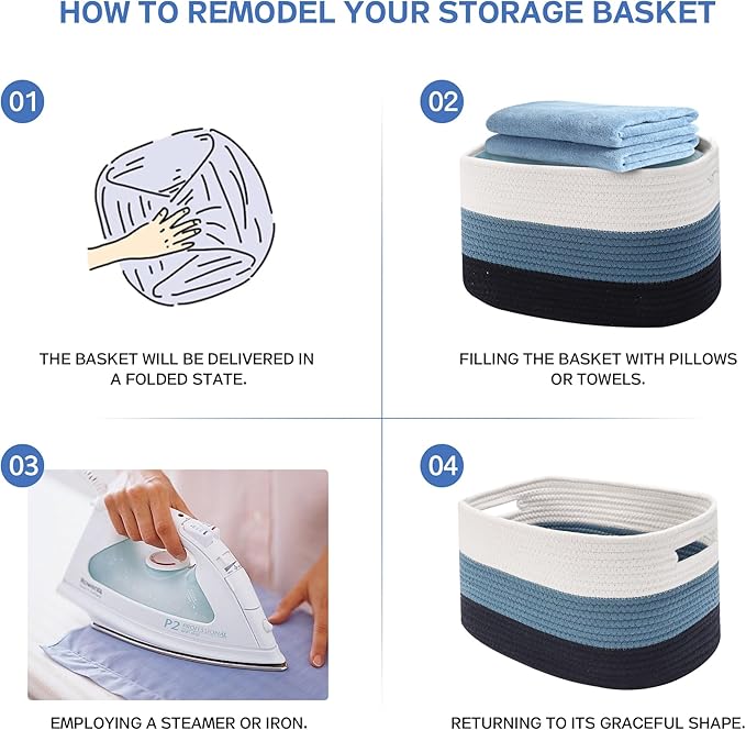 4 Pack Woven Storage Baskets for Organizing - Cotton Rope Baskets for Closet, Toys, Books, Towels, Durable Storage Bins for Shelves, Living Room, Bedroom, 12.7''Lx9''Wx7.8''H (Blue, 12.7")