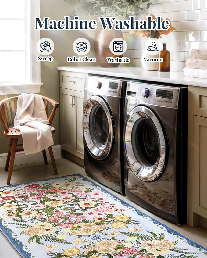 AREAMAY Floral Rug for Living Room - 4x6 Washable Area Rugs Non-Slip Soft Low-Pile Stain Resistant Carpet Unique Flower Print Vintage Indoor Rug for Bedroom Dining Room Office Nursery Room, Blue