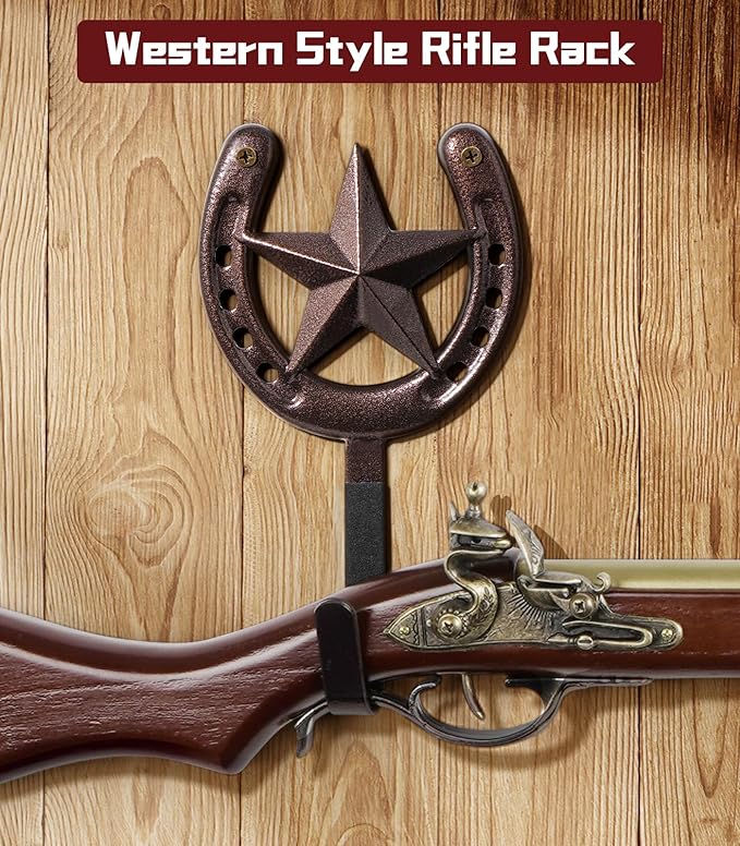 Adowes Gun Rack for Wall Western Shotgun Rifle Rack Wall Mount Metal Wall Gun Hanger Holder Display for Sword Bow Firearm Texas Star and Horseshoe