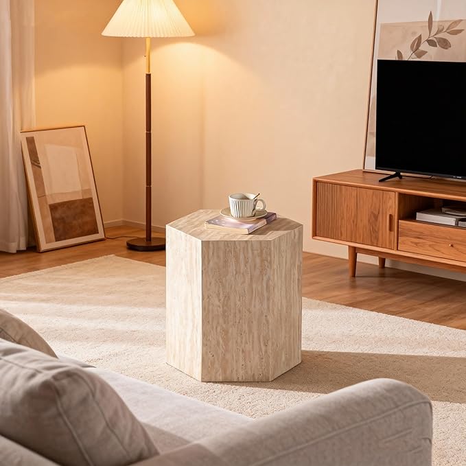 Modern Hexagonal Side Table, Walnut Wood MDF Coffee Table with Natural Texture, Non-Slip Surface, 15.7x13.8x18.9 Inches (Travertine)