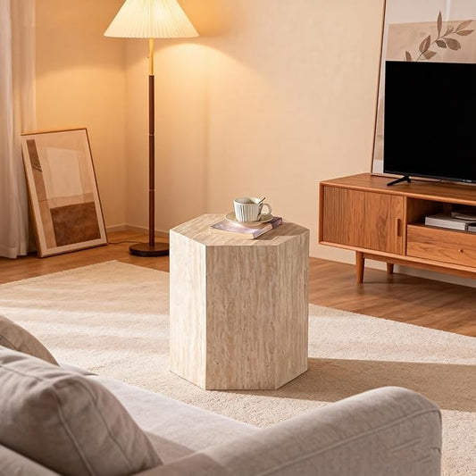 Modern Hexagonal Side Table, Walnut Wood MDF Coffee Table with Natural Texture, Non-Slip Surface, 15.7x13.8x18.9 Inches (Travertine)