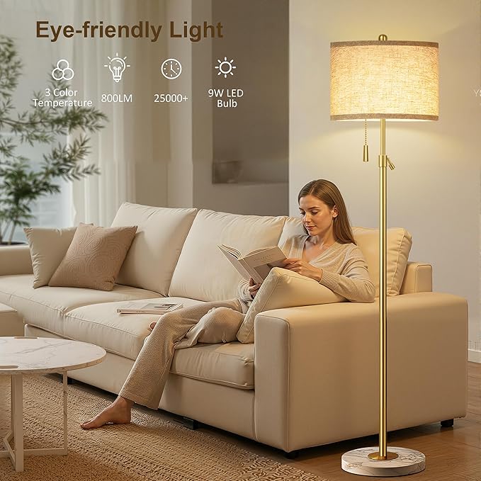 FUNNYBEHOM Modern Gold Floor Lamp for Living Room, Floor Lamp with Remote Control, Adjustable Height Standing Lamp with Marble Base & Linen Shade, Dimmable Tall Floor Light for Bedroom, Reading