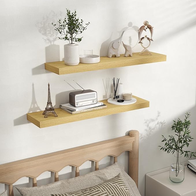 Fun Memories Rustic Wood Floating Shelves for Wall, Space-Saving Wall Mounted Shelves for Bathroom, Bedroom, Living Room and Kitchen, Stylish Storage & Display (Set of 2, Oak, 32 in)