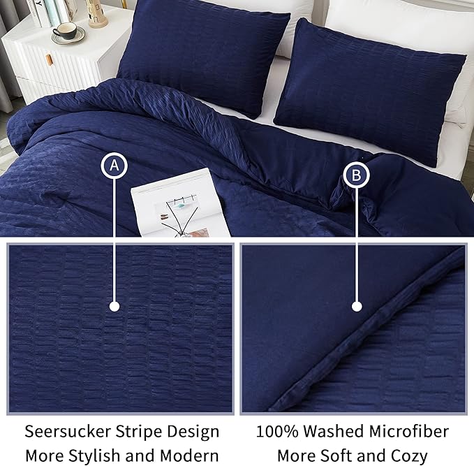 AveLom Seersucker King Comforter Set (104x90 inches), 3 Pieces - 100% Soft Washed Microfiber Lightweight Comforter with 2 Pillowcases, All Season Down Alternative Comforter Set for Bedding, Navy