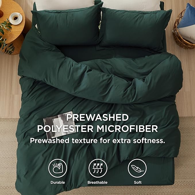 Bedsure Duvet Cover King Size with Fitted Sheet - 4 Pieces Prewashed Cotton-Like Extra Soft Bedding Set, Includes 1 Duvet Cover 104x90 Inches, 2 Pillow Shams, 1 Fitted Sheet, Forest Green