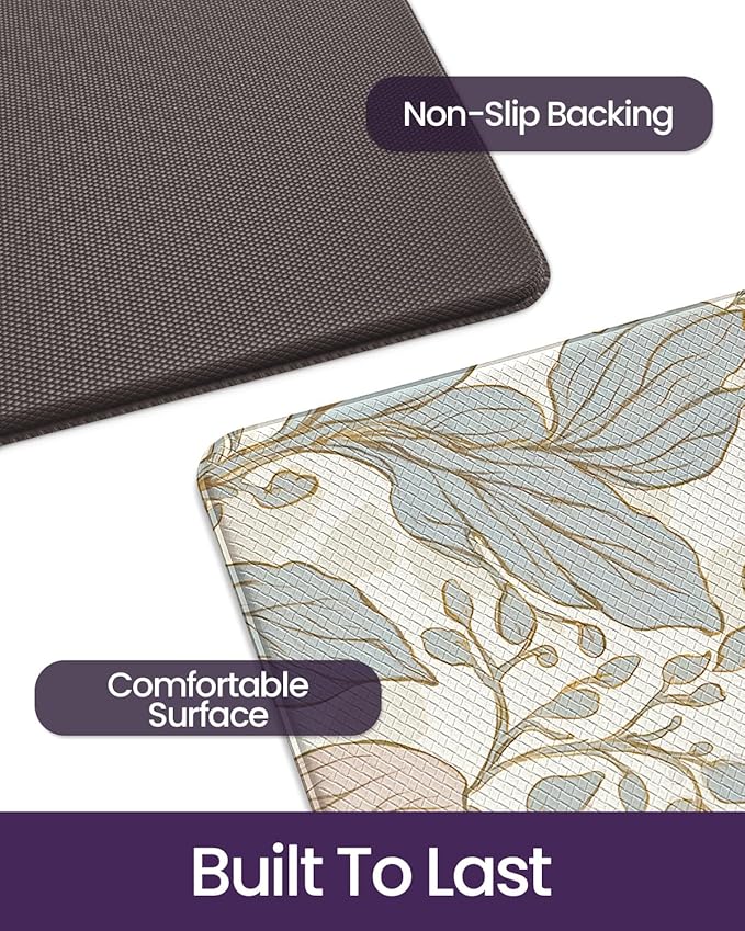 DEXI Kitchen Mats for Floor, 23x59, Cushioned Standing Mat Anti Fatigue, Wide Waterproof Comfort Floral Padded for Laundry Room Office, Blue