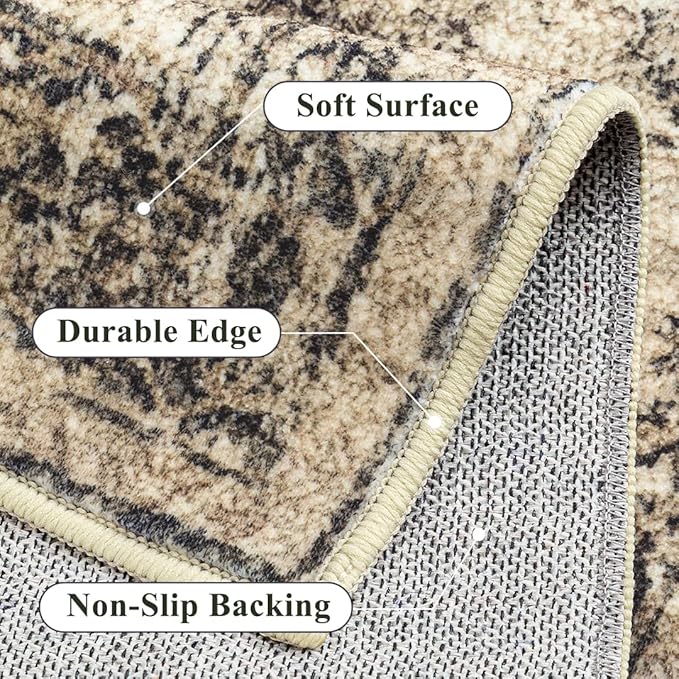 PureCozy 6x9 Area Rug Washable Vintage Neutral Living Room Carpet Large Indoor Non Slip Brown Bedroom Distressed Low Pile Retro Accent Throw Rug for Dining Room