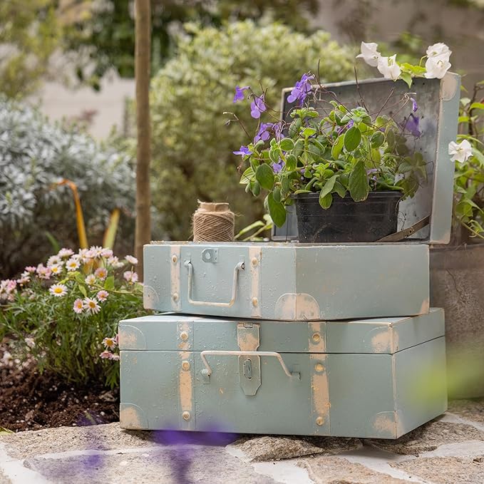 Vintage Metal Storage Trunks - Set of 2, Antique Decorative Storage Chests with Lids, Decorative Suitcase Boxes, Vintage Suitcases for Keepsakes and Home Decor, Blue
