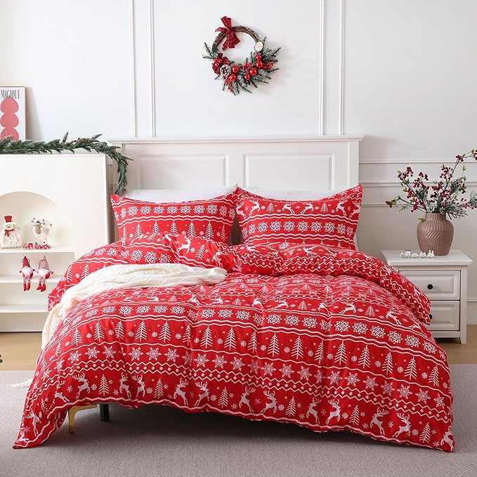 JSD Red Christmas Duvet Cover Set Queen Size, 3 Piece Snowflakes Reindeer Snowflakes Printed Microfiber Comforter Cover with Pillow Sham